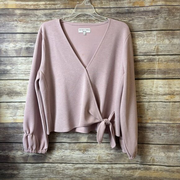 Madewell Texture & Thread Crepe Wrap Top L Large Light‎ Pink Long Sleeve V Neck - Picture 2 of 6